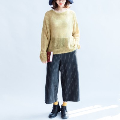 yellow green fashion cotton sweater oversize side open cable knit hollow out sweaters