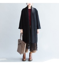 Black long cashmere coats oversized long woolen jackets tasseled cardigans