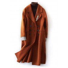 fine brown Woolen Coats plus size clothing maxi side open Notched coat