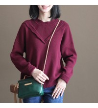 winter casual burgundy lace collar cotton sweater loose warm knit tops