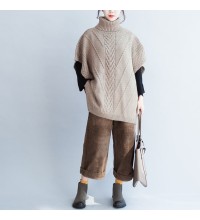 khaki unique cotton sweater high neck  plus size side open button sleeveless knit tops