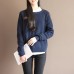 new dark blue solid color cotton knit t shirt vintage loose batwing sleeve sweater tops