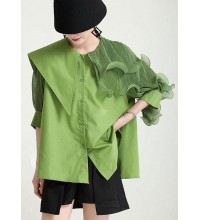 Style Green Asymmetrical Design Patchwork Wrinkled Blouses Half Sleeve