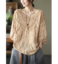 Boho Khaki Cotton V Neck Embroideried Hollow Out Summer Blouses