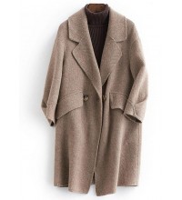 women plus size pockets outwear khaki Notched Woolen Coat