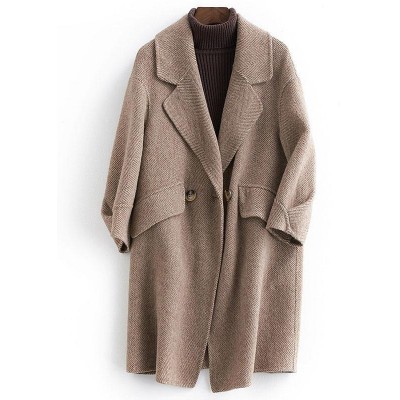 women plus size pockets outwear khaki Notched Woolen Coat