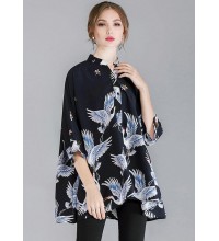 Fine Navy Stand Collar Asymmetrical Design Fall Three Quarter Sleeve Shirt Top