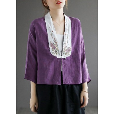 Fashion Purple Retro Embroideried Patchwork Summer Linen Blouse