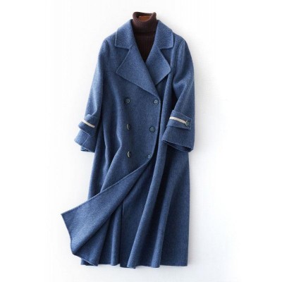 Fashion oversized long winter coat double breast outwear denim blue Notched Wool jackets