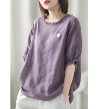 Art Purple Loose Asymmetrical Design Fall Half Sleeve Top