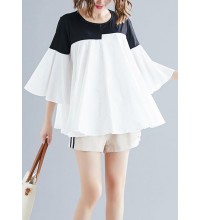 DIY o neck flare sleeve cotton blended shirts Women Tops white Knee tops Summer