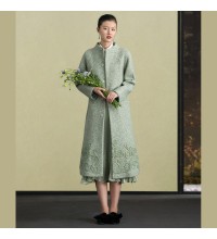 Fashion light green woolen outwear trendy plus size stand collar winter jackets embroidery women coats